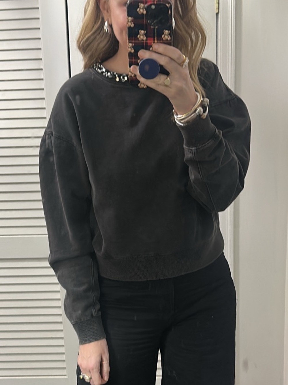 Washed Black Crewneck Sweatshirt with Embellished Neckline - Women